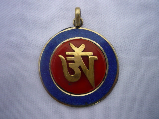 Tibetan "om" Coral and  Lapis Pendant  spiritual protection and purification, enhancement of meditation, balancing the chakras and meridians, clearing and energizing the aura  4162
